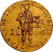 Netherlands Ducat Utrecht 1806 large date KM# 26.1 CONCORDIA RES PAR CRES TRA coin obverse Netherlands Ducat Utrecht 1806 large date KM# 26.1 CONCORDIA RES PAR CRES TRA coin obverse