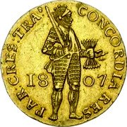 Netherlands Ducat Louis Napoleon 1807 small date, straight 7 KM# 26.3 CONCORDIA RES PAR CRES TRA 18 07 coin obverse Netherlands Ducat Louis Napoleon 1807 small date, straight 7 KM# 26.3 CONCORDIA RES PAR CRES TRA 18 07 coin obverse