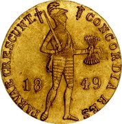 Netherlands Ducat Willem III 1849 Sword KM# 83.1 CONCORDIA RES PARVAE CRESCUNT 1849 coin obverse Netherlands Ducat Willem III 1849 Sword KM# 83.1 CONCORDIA RES PARVAE CRESCUNT 1849 coin obverse