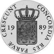 Netherlands Ducat Utrecht 1989 Proof KM# 213 CONCORDIA RES PARVAE CRESCUNT 19 89 coin obverse Netherlands Ducat Utrecht 1989 Proof KM# 213 CONCORDIA RES PARVAE CRESCUNT 19 89 coin obverse