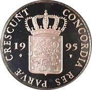 Netherlands Ducat Seven Provinces - Zeeland 1995 Proof KM# 221 CONCORDIA RES PARVAE CRESCUNT 19 95 coin obverse Netherlands Ducat Seven Provinces - Zeeland 1995 Proof KM# 221 CONCORDIA RES PARVAE CRESCUNT 19 95 coin obverse