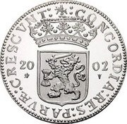 Netherlands Ducat Seven Provinces 2002 Proof KM# 256 CONCORDIA RES PARVAE CRESCVNT 20 02 coin obverse Netherlands Ducat Seven Provinces 2002 Proof KM# 256 CONCORDIA RES PARVAE CRESCVNT 20 02 coin obverse