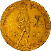 Netherlands Ducat Wilhelmina I 1921 Halberd KM# 83.1a CONCORDIA RES PARVAE CRESCUNT 1927 coin obverse Netherlands Ducat Wilhelmina I 1921 Halberd KM# 83.1a CONCORDIA RES PARVAE CRESCUNT 1927 coin obverse