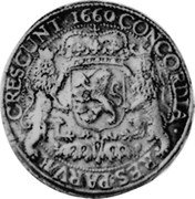 Netherlands Ducaton (Piedfort) KM# P5 CRESCUNT 1660 CONCORDIA RES PARVAE coin reverse Netherlands Ducaton (Piedfort) KM# P5 CRESCUNT 1660 CONCORDIA RES PARVAE coin reverse