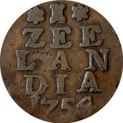 Netherlands Duit Zeelandia Crowned Arms 1754 KM# 91 ZEELANDIA 1754 coin reverse Netherlands Duit Zeelandia Crowned Arms 1754 KM# 91 ZEELANDIA 1754 coin reverse