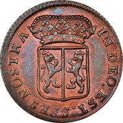 Netherlands Duit Crowned Coat of Arms of Gelderland 1758 KM# 93 INDEO EST SPES NOSTRA coin obverse Netherlands Duit Crowned Coat of Arms of Gelderland 1758 KM# 93 INDEO EST SPES NOSTRA coin obverse