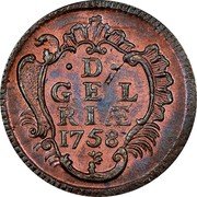 Netherlands Duit Crowned Coat of Arms of Gelderland 1758 KM# 93 D GEL RIAE 1758 coin reverse Netherlands Duit Crowned Coat of Arms of Gelderland 1758 KM# 93 D GEL RIAE 1758 coin reverse