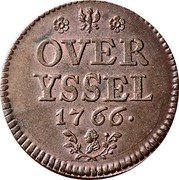Netherlands Duit (Overijssel Province Coat of Arms) KM# 102a OVER YSSEL 1766 coin reverse Netherlands Duit (Overijssel Province Coat of Arms) KM# 102a OVER YSSEL 1766 coin reverse