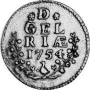 Netherlands Duit (Crowned Coat of Arms of Gelderland) KM# 88a D GEL RIÆ 1754 coin reverse Netherlands Duit (Crowned Coat of Arms of Gelderland) KM# 88a D GEL RIÆ 1754 coin reverse
