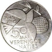 Netherlands ECU 50th Anniversary of United Nations 1995 In Sets only X# 206 1945 1995 50 JAAR VERENIGDE NATIES LE BRETON coin reverse