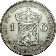 Netherlands 1 Gulden Wilhelmina in London - incl. wreath 1939 Counrermarked MUNT VAN HET KONINGRIJK DER NEDERLANDEN 1 G 1939 coin obverse