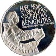 Netherlands 10 Ecu (Geert Groote) X# 27.1a HAEC ARMA STRENUITAS SEVERITAS BENIGNITAS coin reverse