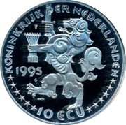 Netherlands 10 ecu (Grotius) X# 86a 1995 10 ECU KONINKRIJK DER NEDERLANDEN coin obverse
