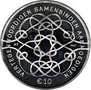 Netherlands 10 Euro (Willem-Alexander 50th Birthday) VERTEGENWOORDIGEN SAMENBINDEN AANMOEDIGEN 2017 € 10 coin reverse Netherlands 10 Euro (Willem-Alexander 50th Birthday) VERTEGENWOORDIGEN SAMENBINDEN AANMOEDIGEN 2017 € 10 coin reverse