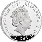 UK 10 Pounds Gothic Crown Quartered Arms.Limited Edition) 2021 ELIZABETH II D G REG F D 10 POUNDS 2021 JC coin obverse UK 10 Pounds Gothic Crown Quartered Arms.Limited Edition) 2021 ELIZABETH II D G REG F D 10 POUNDS 2021 JC coin obverse