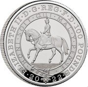 UK 100 Pounds Elizabeth II Platinum Jubilee 2022 ELIZABETH II D G REG FID DEF 100 POUNDS JC coin obverse UK 100 Pounds Elizabeth II Platinum Jubilee 2022 ELIZABETH II D G REG FID DEF 100 POUNDS JC coin obverse