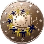Netherlands 2 Euro 30th Anniversary - European Union flag, blue and yellow figures 2015 Proof 1985-2015 NEDERLAND coin obverse Netherlands 2 Euro 30th Anniversary - European Union flag, blue and yellow figures 2015 Proof 1985-2015 NEDERLAND coin obverse