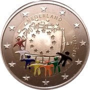 Netherlands 2 euro 30th Anniversary - European Union flag. Colorful figures 2015 Proof 1985-2015 NEDERLAND coin obverse Netherlands 2 euro 30th Anniversary - European Union flag. Colorful figures 2015 Proof 1985-2015 NEDERLAND coin obverse