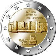 Malta 2 Euro Tarxien temples 2021 TARXIEN TEMPLES 3600 - 2500 BC MALTA 2021 coin obverse Malta 2 Euro Tarxien temples 2021 TARXIEN TEMPLES 3600 - 2500 BC MALTA 2021 coin obverse