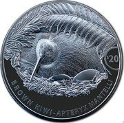 New Zealand 20 Dollars (Kiwi) BROWN KIWI - APTERIX MANTELLI $ 20 coin reverse