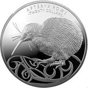 New Zealand 20 Dollars (Rarest Kiwi Apteryx rowi) APTERYX ROWI TWENTY DOLLARS coin reverse