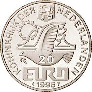Netherlands 20 Euro (Constantijn Huygens) KM# 128.2 1996 20 EURO KONINKRIJK DER NEDERLANDEN coin obverse Netherlands 20 Euro (Constantijn Huygens) KM# 128.2 1996 20 EURO KONINKRIJK DER NEDERLANDEN coin obverse