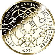 Netherlands 20 Euro (Willem-Alexander 50th birthday) VERTEGENWOORDIGEN SAMENBINDEN AANMOEDIGEN € 20 2017 coin reverse Netherlands 20 Euro (Willem-Alexander 50th birthday) VERTEGENWOORDIGEN SAMENBINDEN AANMOEDIGEN € 20 2017 coin reverse