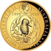 Australia 200 Dollars (30 Years of the Kookaburra) ELIZABETH II AUSTRALIA 200 DOLLARS 1990 2020 coin obverse Australia 200 Dollars (30 Years of the Kookaburra) ELIZABETH II AUSTRALIA 200 DOLLARS 1990 2020 coin obverse