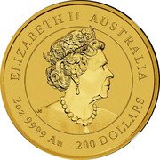 Australia 200 Dollars Lunar Year of the Tiger 2022 P ELIZABETH II AUSTRALIA 2 OZ 9999 AU 200 DOLLARS JC coin obverse Australia 200 Dollars Lunar Year of the Tiger 2022 P ELIZABETH II AUSTRALIA 2 OZ 9999 AU 200 DOLLARS JC coin obverse