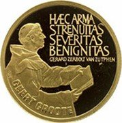 Netherlands 200 Ecu (650th Birtday of Roman Catholic deacon Geert Groote) X# 31 HAEC ARMA STRENUITAS SEVERITAS BENIGNITAS GEERT GROOT coin reverse Netherlands 200 Ecu (650th Birtday of Roman Catholic deacon Geert Groote) X# 31 HAEC ARMA STRENUITAS SEVERITAS BENIGNITAS GEERT GROOT coin reverse