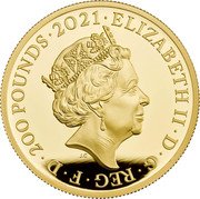 UK 200 Pounds (Elizabeth II Prince Philip) ELIZABETH II D G REG F D 200 POUNDS 2021 J.C coin obverse UK 200 Pounds (Elizabeth II Prince Philip) ELIZABETH II D G REG F D 200 POUNDS 2021 J.C coin obverse