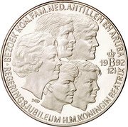 Netherlands 25 ecu 12-1/2 Anniversary of Coronation and Visit to Aruba and the Netherlands Antilles 1992 Proof X# 62.2 BEZOEK KON.FAM.NED.ANTILLEN EN ARUBA REGERINGSJUBILEUM H M KONINGIN BEATRIX 1992 12 1/2 coin reverse Netherlands 25 ecu 12-1/2 Anniversary of Coronation and Visit to Aruba and the Netherlands Antilles 1992 Proof X# 62.2 BEZOEK KON.FAM.NED.ANTILLEN EN ARUBA REGERINGSJUBILEUM H M KONINGIN BEATRIX 1992 12 1/2 coin reverse