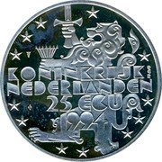 Netherlands 25 ecu 85th Birthday of Queen Mother. 50th Anniversary Prince Bernhard's being Commander of Armed Force. 1994 M. without fineness Proof X# 75.2 KONINKRIJK NEDERLANDEN 25 ECU 1994 coin obverse Netherlands 25 ecu 85th Birthday of Queen Mother. 50th Anniversary Prince Bernhard's being Commander of Armed Force. 1994 M. without fineness Proof X# 75.2 KONINKRIJK NEDERLANDEN 25 ECU 1994 coin obverse