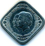 Netherlands 5 C Princess Juliana and Prince Bernhard 1980 5 MEI NEDERLAND 35 JAAR VRIJ KONINGIN JULIANA PRINS BERNARD 1945 1980 coin obverse