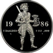 Netherlands 5 Daalder 400th Anniversary of Utrecht Ducat 1986 (u) Proof X# MB1 19 86 5 DAALDER 5 OZ 999 coin obverse Netherlands 5 Daalder 400th Anniversary of Utrecht Ducat 1986 (u) Proof X# MB1 19 86 5 DAALDER 5 OZ 999 coin obverse