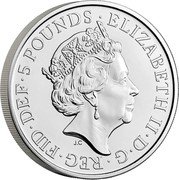 UK 5 Pounds (Elizabeth II Platinum Jubilee) ELIZABETH II D G REG FID DEF 5 POUNDS JC coin obverse UK 5 Pounds (Elizabeth II Platinum Jubilee) ELIZABETH II D G REG FID DEF 5 POUNDS JC coin obverse