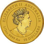 Australia 50 Dollars Lunar Year of the Tiger 2022 P ELIZABETH II AUSTRALIA 1/2 OZ 9999 AU 50 DOLLARS coin obverse Australia 50 Dollars Lunar Year of the Tiger 2022 P ELIZABETH II AUSTRALIA 1/2 OZ 9999 AU 50 DOLLARS coin obverse