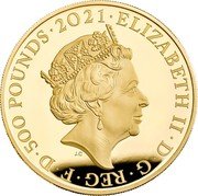 UK 500 Pounds Elizabeth II Gothic Crown Quartered Arms 2021  Proof ELIZABETH II D G REG F D 500 POUNDS 2021 J.C coin obverse UK 500 Pounds Elizabeth II Gothic Crown Quartered Arms 2021  Proof ELIZABETH II D G REG F D 500 POUNDS 2021 J.C coin obverse