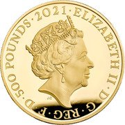 UK 500 Pounds (Elizabeth II Prince Philip) ELIZABETH II D G REG F D 500 POUNDS 2021 J.C coin obverse UK 500 Pounds (Elizabeth II Prince Philip) ELIZABETH II D G REG F D 500 POUNDS 2021 J.C coin obverse