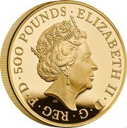 UK 500 Pounds (Year of The Tiger) J C ELIZABETH II D G REG F D 500 POUNDS coin obverse UK 500 Pounds (Year of The Tiger) J C ELIZABETH II D G REG F D 500 POUNDS coin obverse