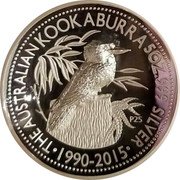 Australia 8 Dollars (25th Anniv Kookaburra) THE AUSTRALIAN KOOKABURRA 5 OZ 999 SILVER 1990-2015 P 25 coin reverse Australia 8 Dollars (25th Anniv Kookaburra) THE AUSTRALIAN KOOKABURRA 5 OZ 999 SILVER 1990-2015 P 25 coin reverse