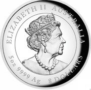 Australia 8 Dollars Year of the Tiger 2022 P ELIZABETH II AUSTRALIA 5 OZ 9999 AG 8 DOLLARS JC coin obverse