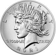 USA One Dollar Peace Silver Dollar 2021 (P) L I B E R T Y IN GOD WE TRUST 2021 coin obverse USA One Dollar Peace Silver Dollar 2021 (P) L I B E R T Y IN GOD WE TRUST 2021 coin obverse
