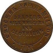 Australia 1/2 Penny (Crocker & Hamilton - Adelaide & Port Adelaide) CROCKER & HAMILTON DRAPERS SILK MERSERS AND CLOTHERS 1857 coin obverse Australia 1/2 Penny (Crocker & Hamilton - Adelaide & Port Adelaide) CROCKER & HAMILTON DRAPERS SILK MERSERS AND CLOTHERS 1857 coin obverse