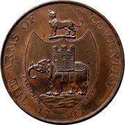 UK 1/2 Penny (Warwickshire Coventry Kempson's) THE ARMS OF COVENTRY 1797 coin reverse UK 1/2 Penny (Warwickshire Coventry Kempson's) THE ARMS OF COVENTRY 1797 coin reverse