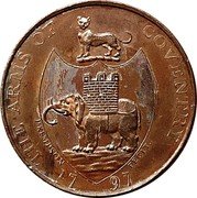 UK Half Penny Warwickshire Coventry Kempson's 1797  THE ARMS OF COVENTRY P KEMPSON FECIT. 17 97 coin reverse