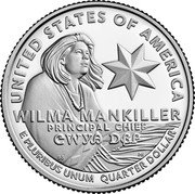 USA 1/4 Dollar (''Washington Quarter'' Wilma Mankiller) UNITED STATES OF AMERICA E PLURIBUS UNUM QUARTER DOLLAR WILMA MANKILLER PRINCIPAL CHIEF coin reverse USA 1/4 Dollar (''Washington Quarter'' Wilma Mankiller) UNITED STATES OF AMERICA E PLURIBUS UNUM QUARTER DOLLAR WILMA MANKILLER PRINCIPAL CHIEF coin reverse