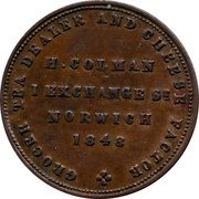 UK 1/4 Penny (1 Farthing) British Token Coins GROCER TEA DEALER AND CHEESE FACTOR H COLMAN 1 EXCHANGE ST NORWICH 1848 coin obverse UK 1/4 Penny (1 Farthing) British Token Coins GROCER TEA DEALER AND CHEESE FACTOR H COLMAN 1 EXCHANGE ST NORWICH 1848 coin obverse