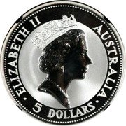 Australia 5 Dollars Australian Kookaburra black core No data ELITHABETH II AUSTRALIA 5 DOLLARS coin obverse Australia 5 Dollars Australian Kookaburra black core No data ELITHABETH II AUSTRALIA 5 DOLLARS coin obverse