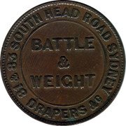 Australia 1 Penny (Battle & Weight) BATTLE & WEIGHT 81 & 83 SOUTH HEAD ROAD SYDNEY DRAPERS & C coin obverse Australia 1 Penny (Battle & Weight) BATTLE & WEIGHT 81 & 83 SOUTH HEAD ROAD SYDNEY DRAPERS & C coin obverse